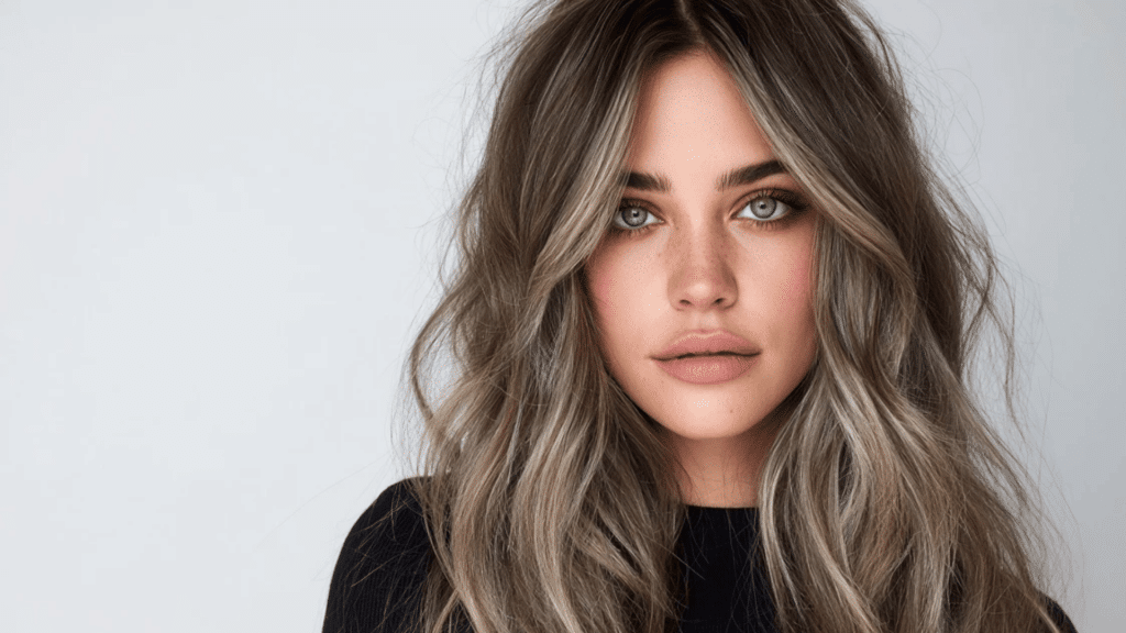 Ash Brown Curtain Bangs Balayage