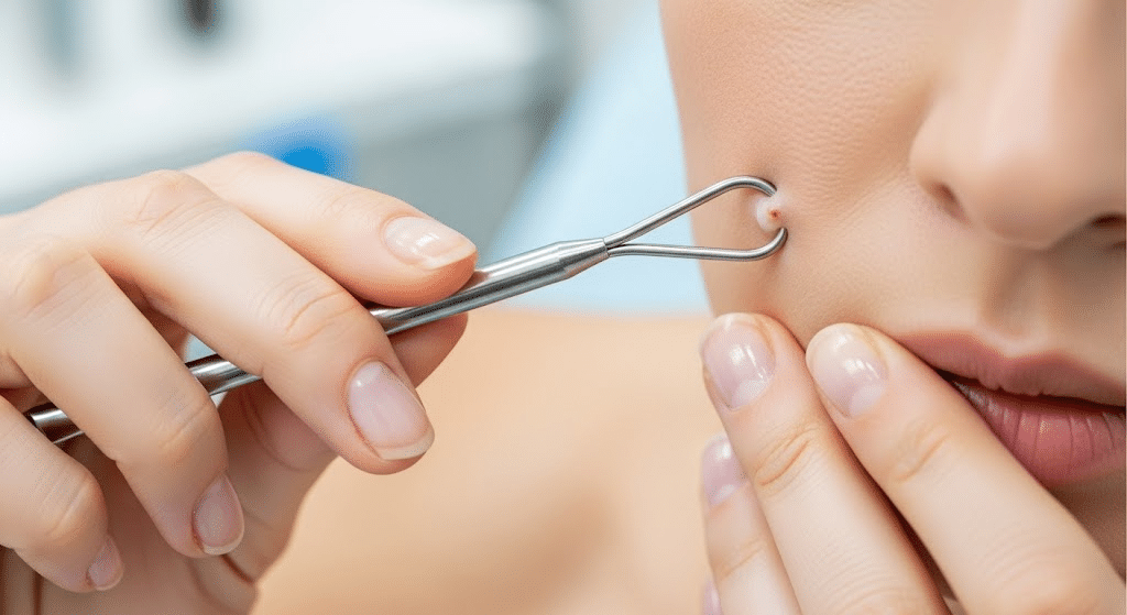 Gently-Using-Comedone-Extractor-On-Whitehead-Pimple