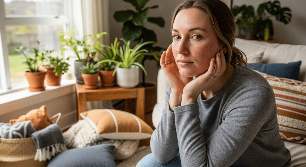 Woman-Sitting-On-Sofa-After-Skin-Needling