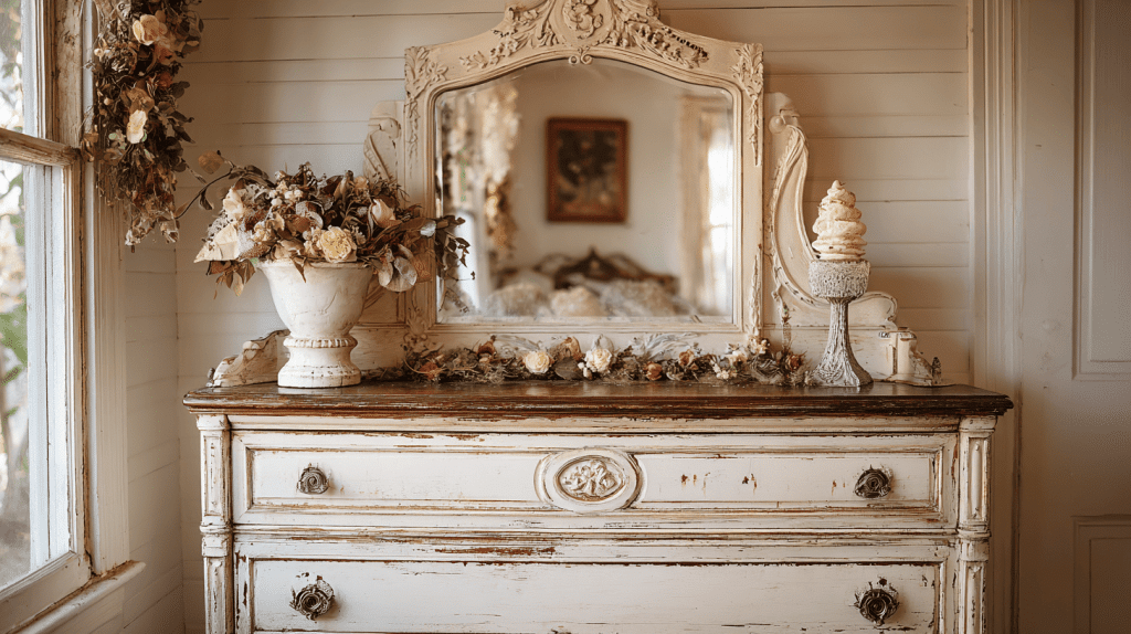 Antique dresser with distressed paint and floral decor in cottagecore room