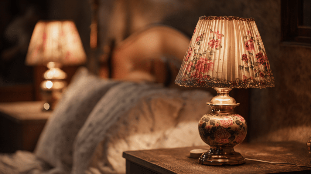 Antique style bedside lamps with floral lampshades in cozy cottagecore room
