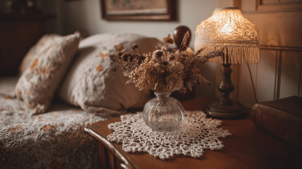 Bedside table with crochet doily and dried flowers in cottagecore bedroom