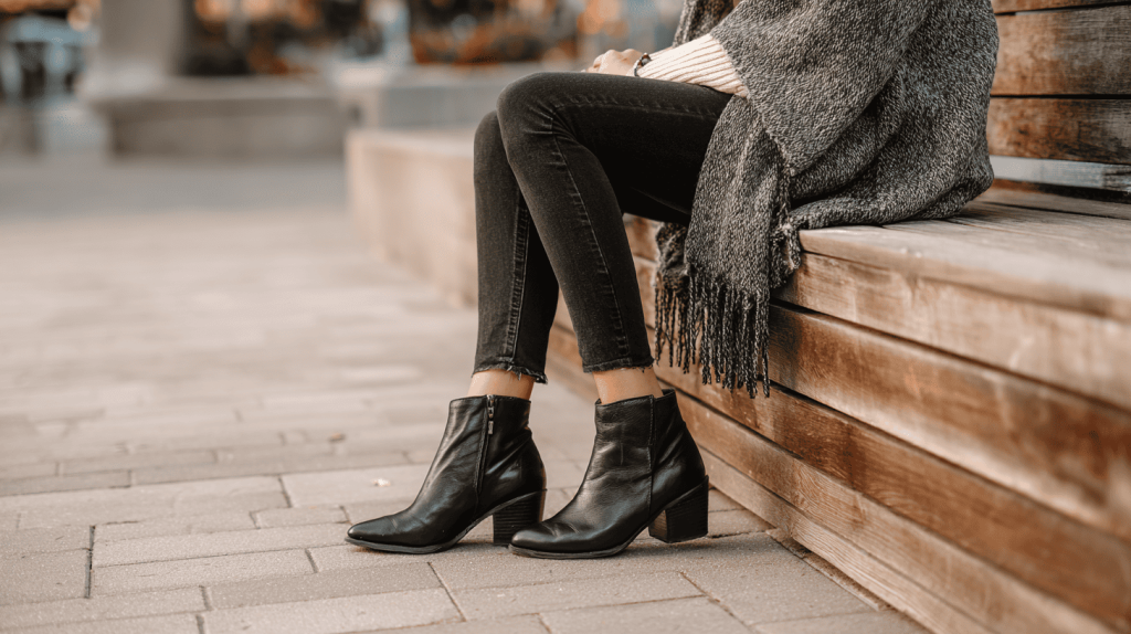 Black Leather Ankle Boots With Skinny Jeans And Cardigan