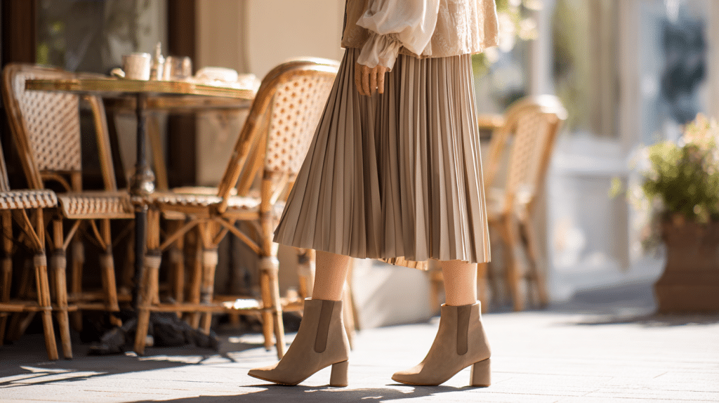 Block Heel Ankle Boots With Pleated Midi Skirt And Blouse