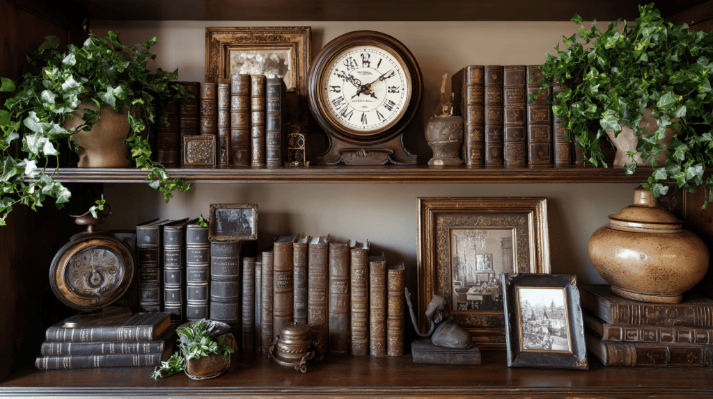 Bookshelf with Leather-Bound Books and Artifacts