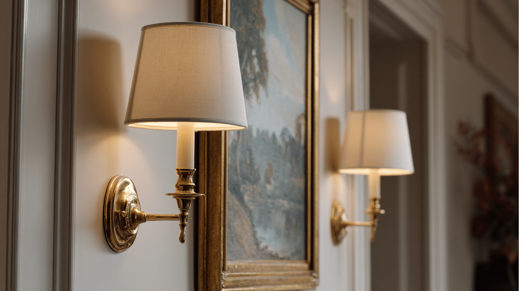 Bronze Wall Sconces With Fabric Shades In Traditional Room