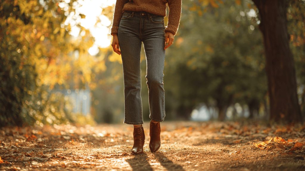 Brown Ankle Boots With Bootcut Jeans And Fitted Sweater