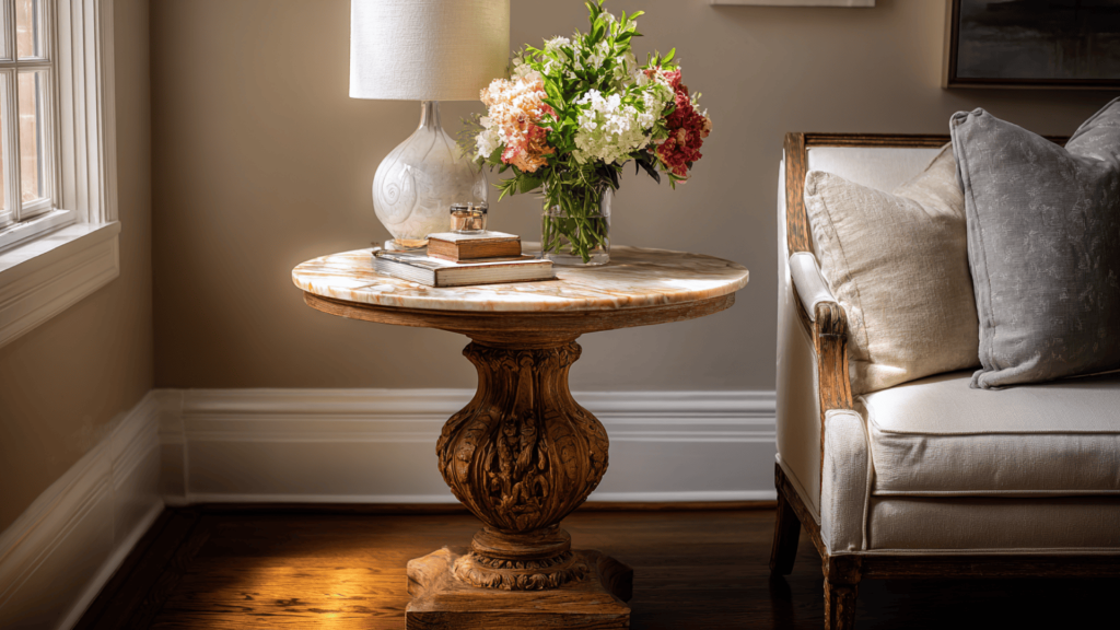 Carved Wood Pedestal Table With Marble Top In Cozy Sitting Area