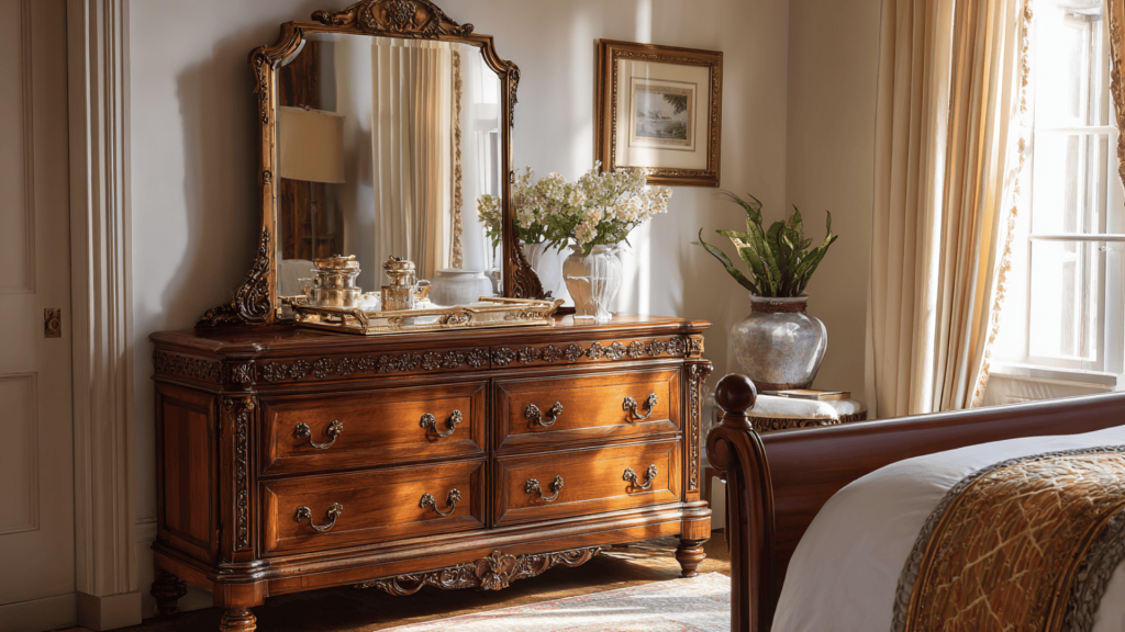 Carved Wooden Dresser with Brass Hardware
