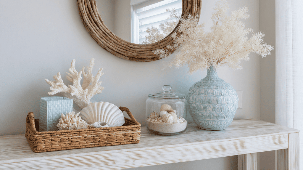Coastal console table with rattan driftwood and seashell decor