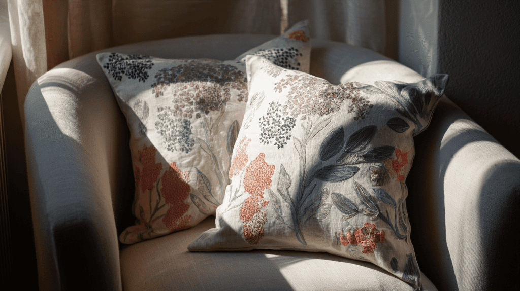 Embroidered pillow covers on bed in cozy handmade cottagecore bedroom