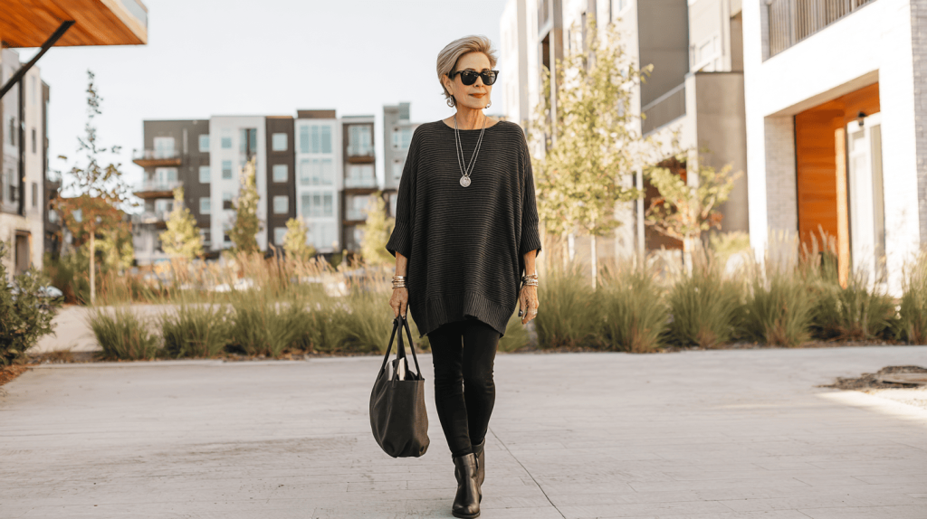 Flat Ankle Boots With Black Leggings And Tunic Sweater