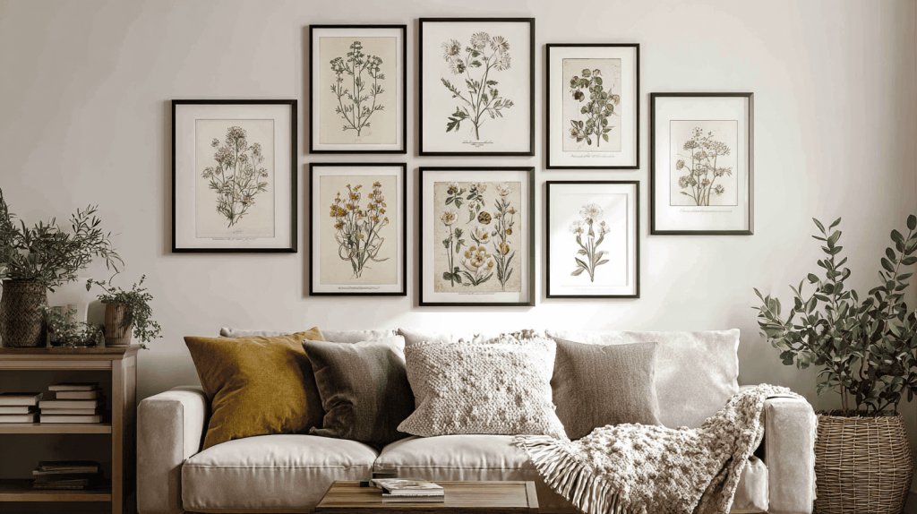 Floral and botanical art prints on wall in cottagecore home gallery