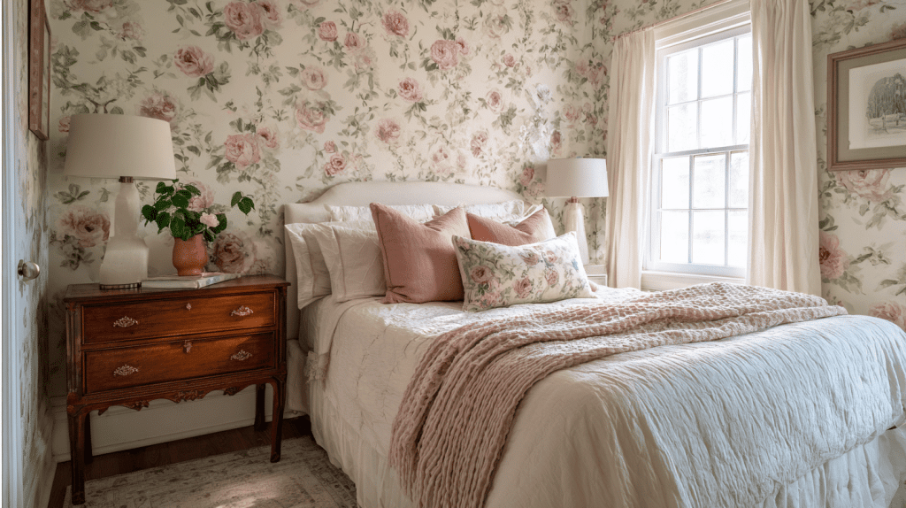 Floral wallpaper accent wall in cottagecore bedroom with vintage furniture