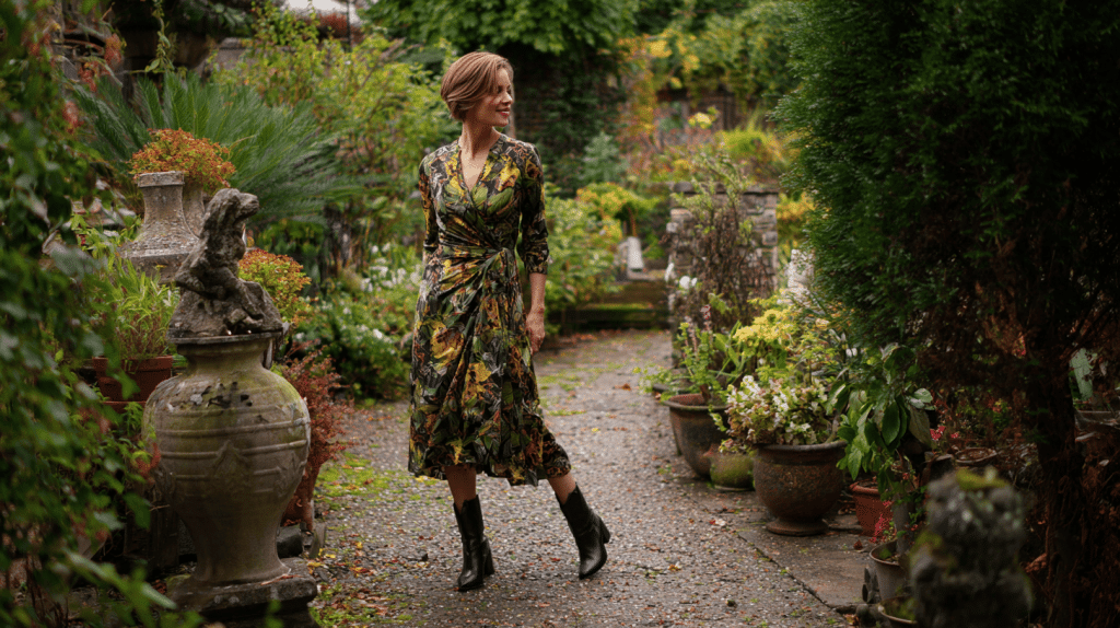 Knee Length Wrap Dress With Heeled Ankle Boots