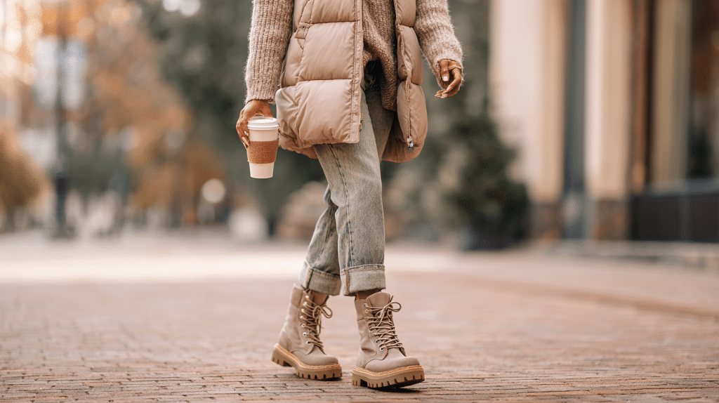 Lug Sole Ankle Boots With Straight Jeans And Puffer Vest