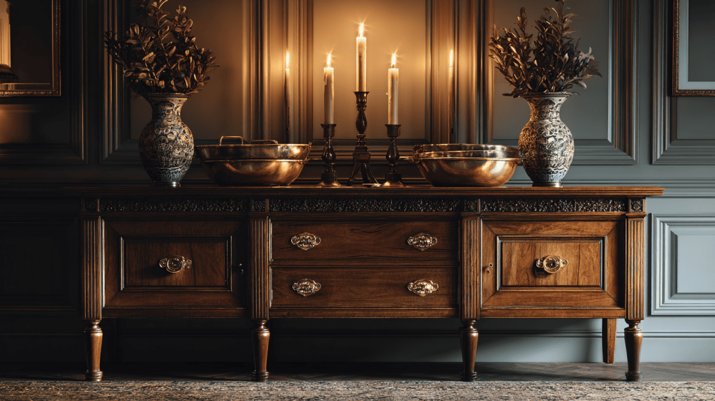 Oak Wooden Sideboard With Brass Handles In Dining Room