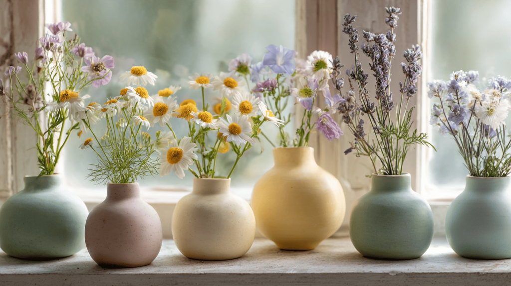 Pastel vases with wildflowers in cottagecore room on table or windowsill