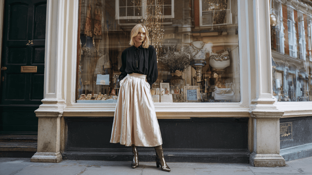 Patent Leather Ankle Boots With Midi Skirt And Silk Blouse
