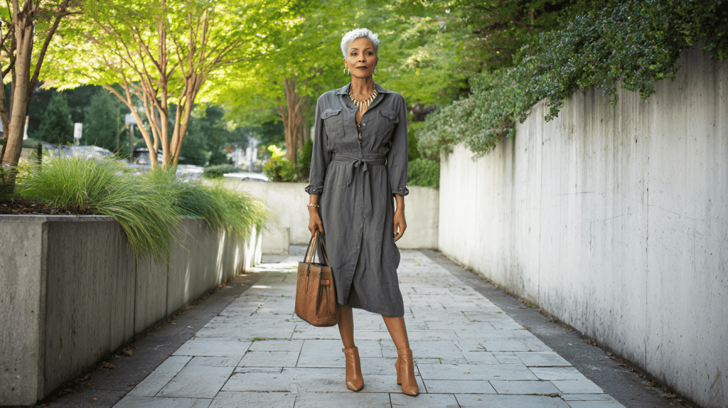 Pointed Toe Ankle Boots With Shirt Dress And Belt
