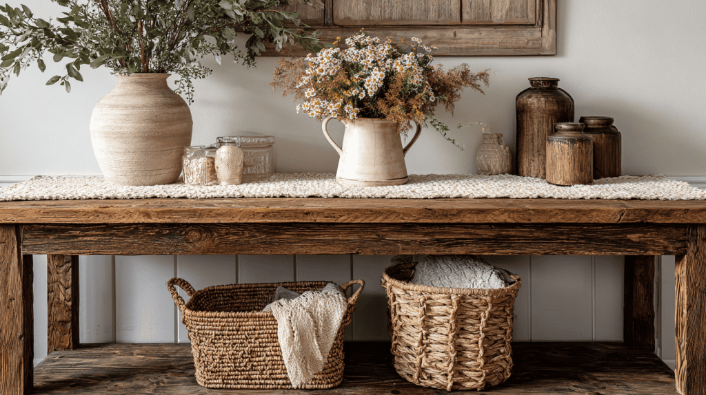 Rustic farmhouse console table with weathered wood and woven baskets
