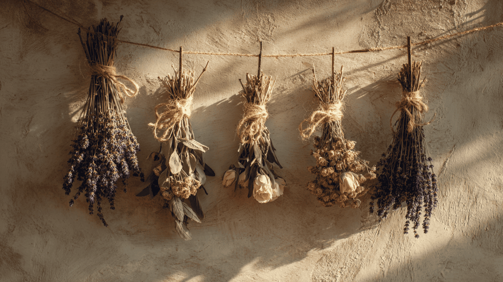 Rustic wall decorated with dried flowers and herbs cottagecore aesthetic