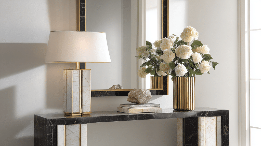 Sleek modern console table with black white and gold accents