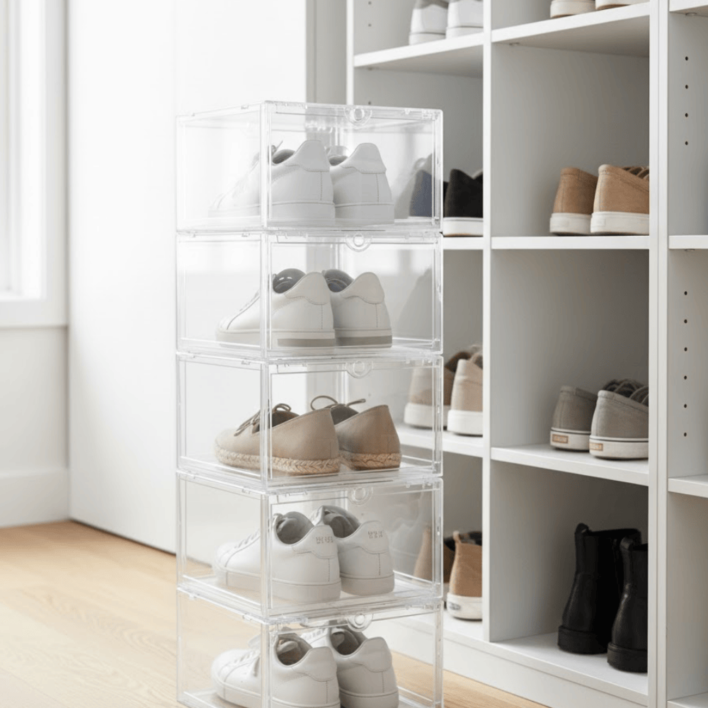 Store Footwear in Transparent Stackable Boxes, Cubbies 