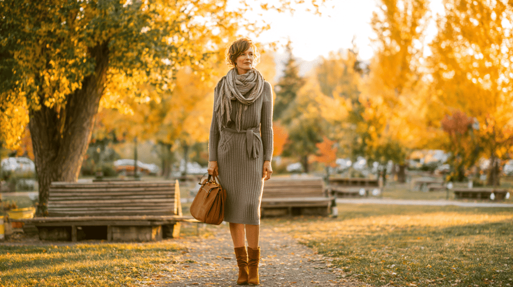 Suede Ankle Boots With Midi Sweater Dress For Women