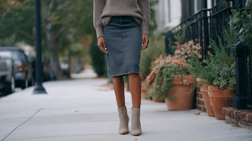 Taupe Ankle Boots With Denim Skirt And Turtleneck