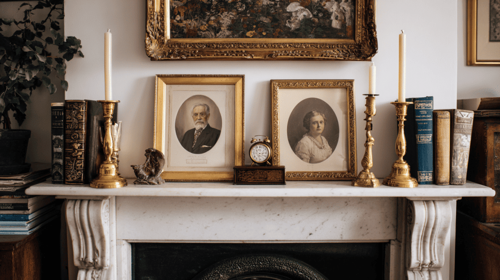 Mantel with Brass Candlesticks and Portraits