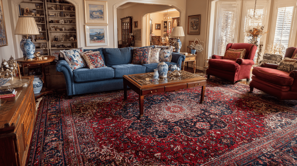 Traditional Room With Red And Blue Persian Rug And Classic Furniture