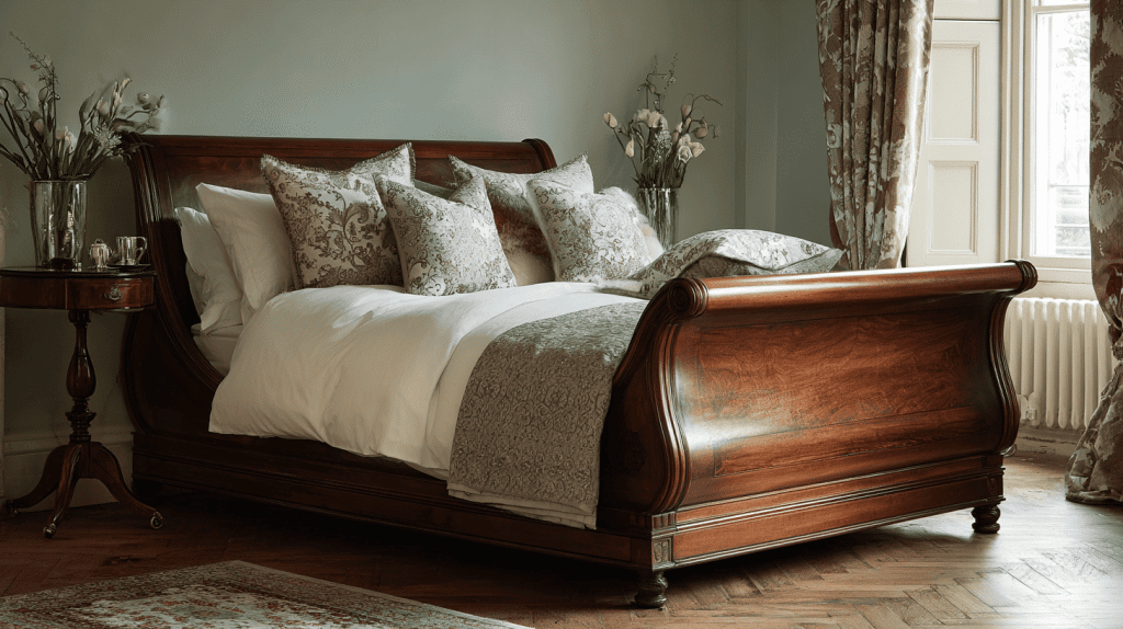 Traditional Sleigh Bed With Curved Wooden Headboard