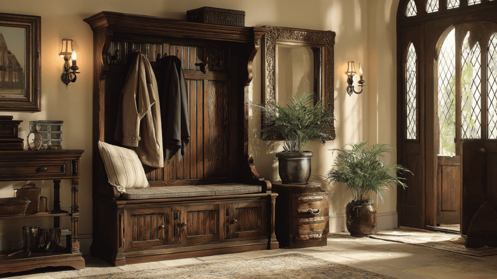Traditional Wooden Hall Tree With Storage Bench In Entryway