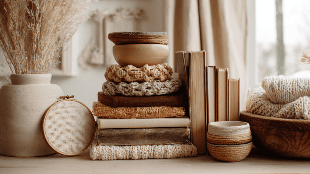 Vintage books and handmade crafts displayed in cottagecore home decor