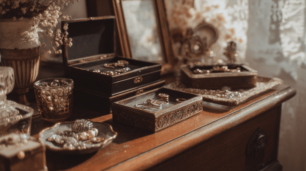 Vintage jewelry trays and boxes on dresser in cottagecore bedroom