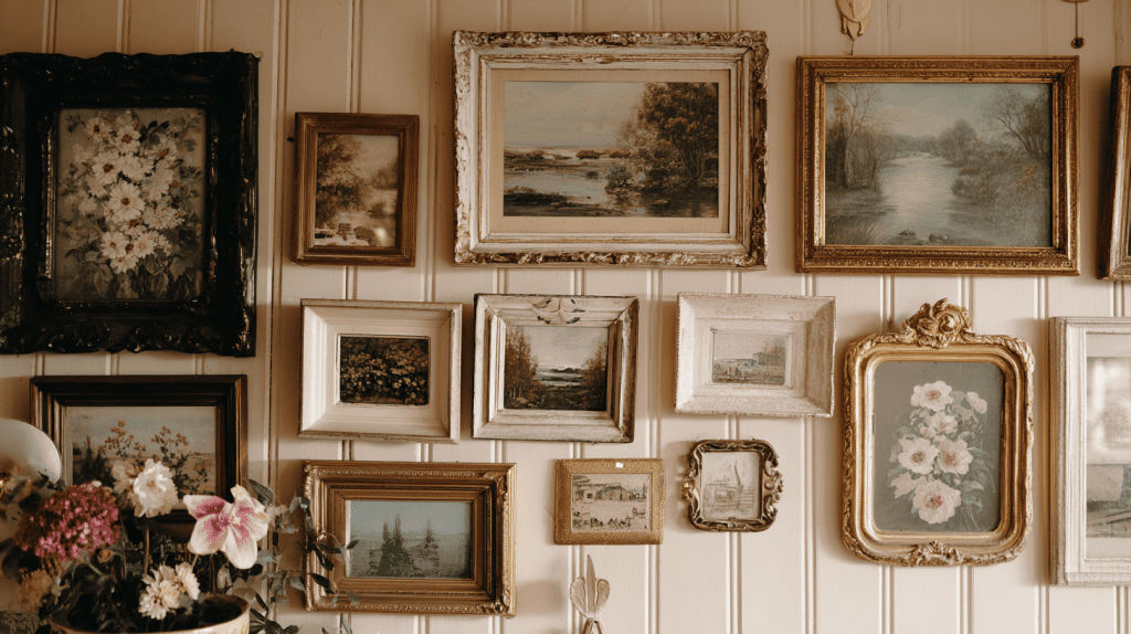Wall with vintage picture frames and mirrors in cottagecore decor
