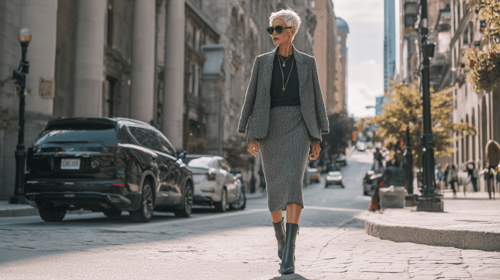 Wedge Ankle Boots With Knit Pencil Skirt And Blazer