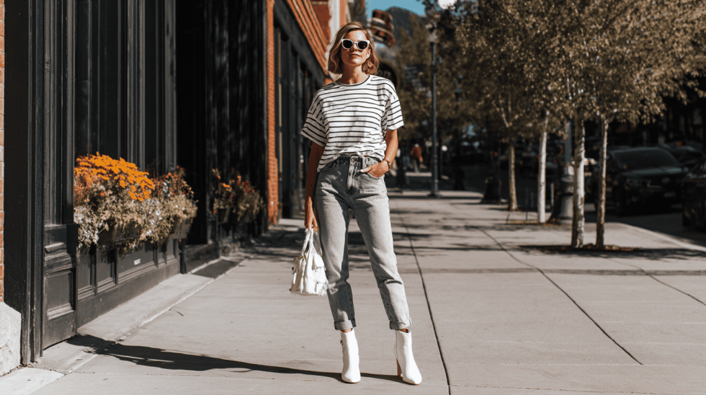 White Ankle Boots With Cropped Jeans And Striped Tee