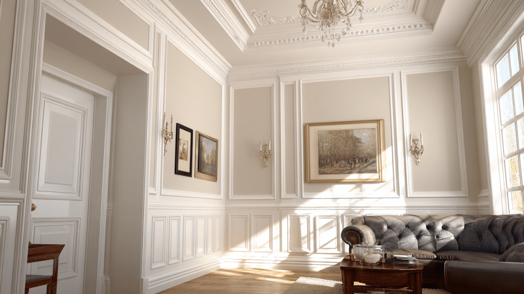 White Crown Molding And Wainscoting In Traditional Room