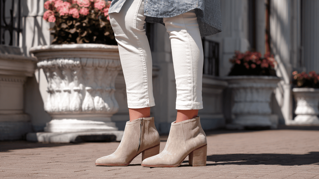 White Jeans With Neutral Ankle Boots And Chambray Shirt