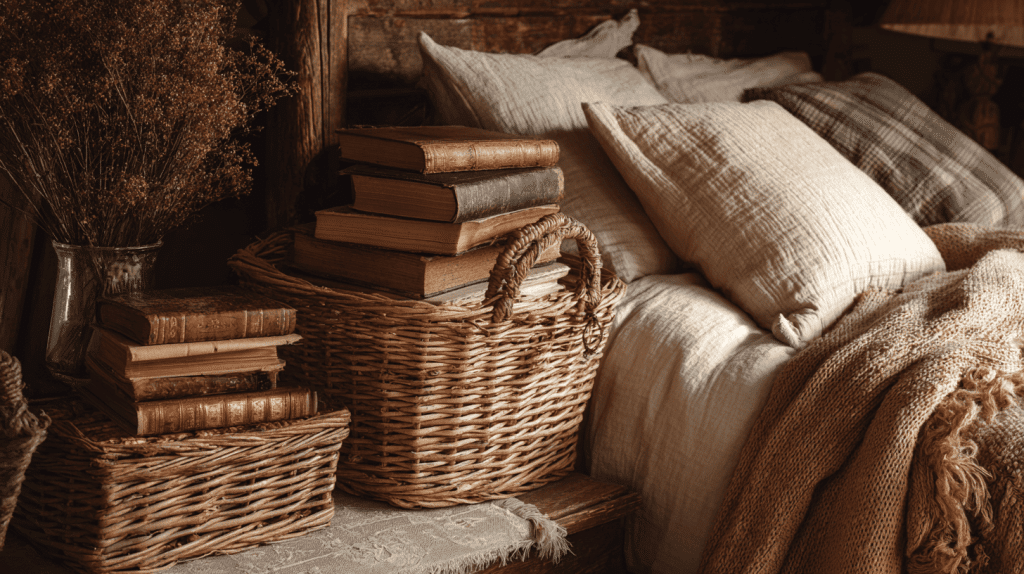 Wicker handwoven storage baskets in cottagecore bedroom with natural decor
