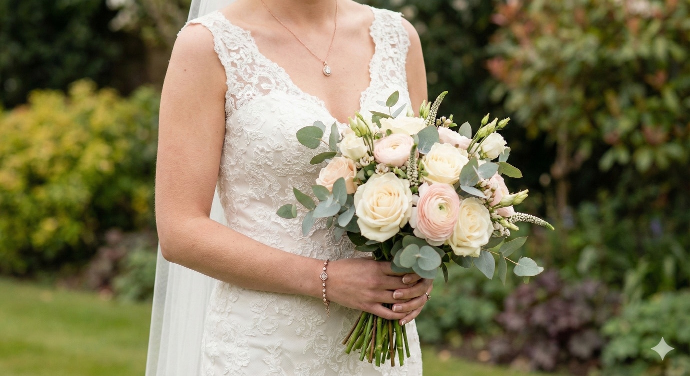 A person in a white dress holding a bouquet of flowers