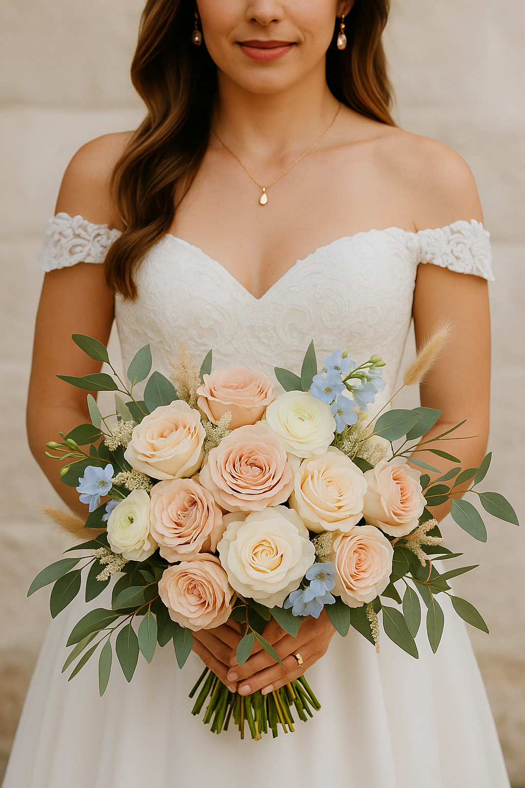 A person in a white dress holding a bouquet of flowers
AI-generated content may be incorrect.