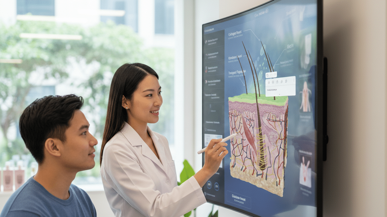 A picture of a doctor demonstrating to the patient the key components of the human skin with the use of a 3D model from VOKA 3D Anatomy & Pathology