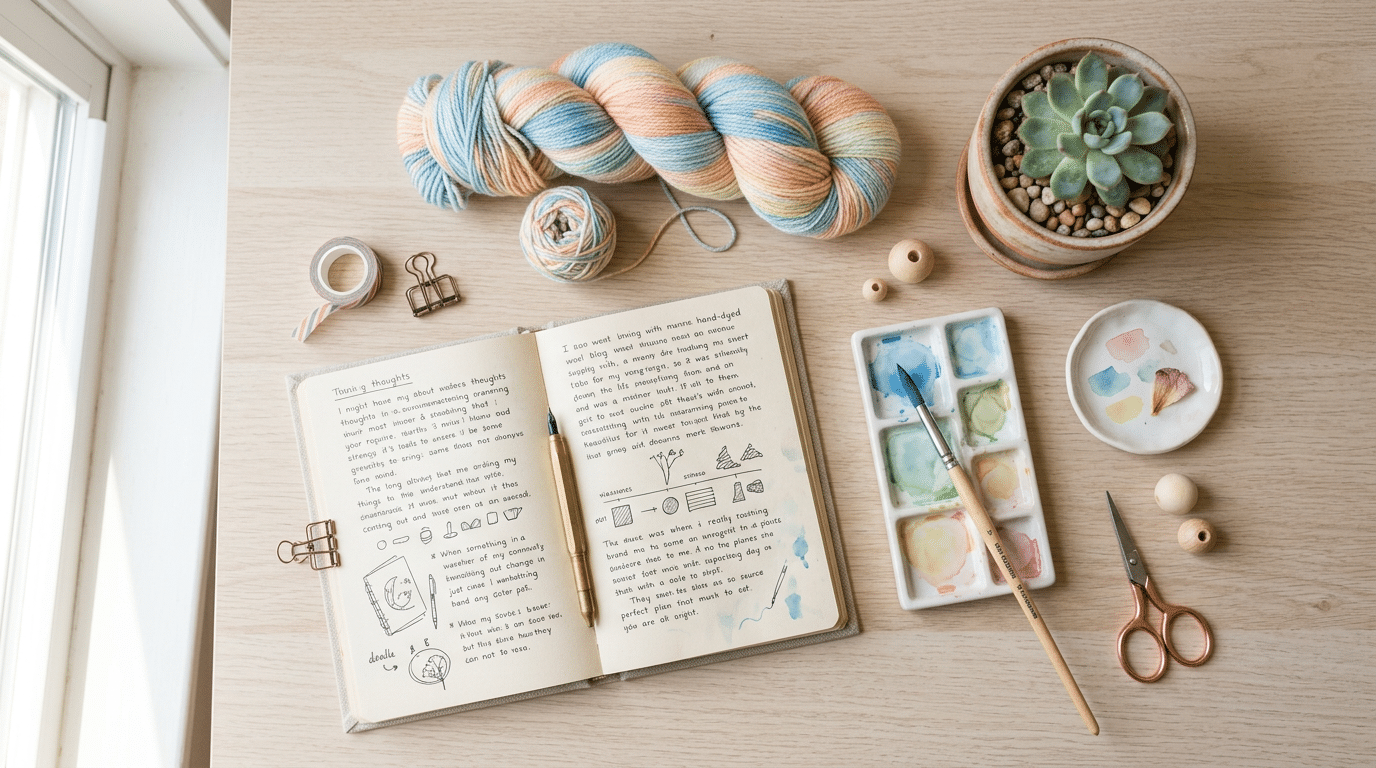 A flat lay of creative hobby supplies including a journal, watercolor paints, yarn, and a small potted plant on a light wooden surface