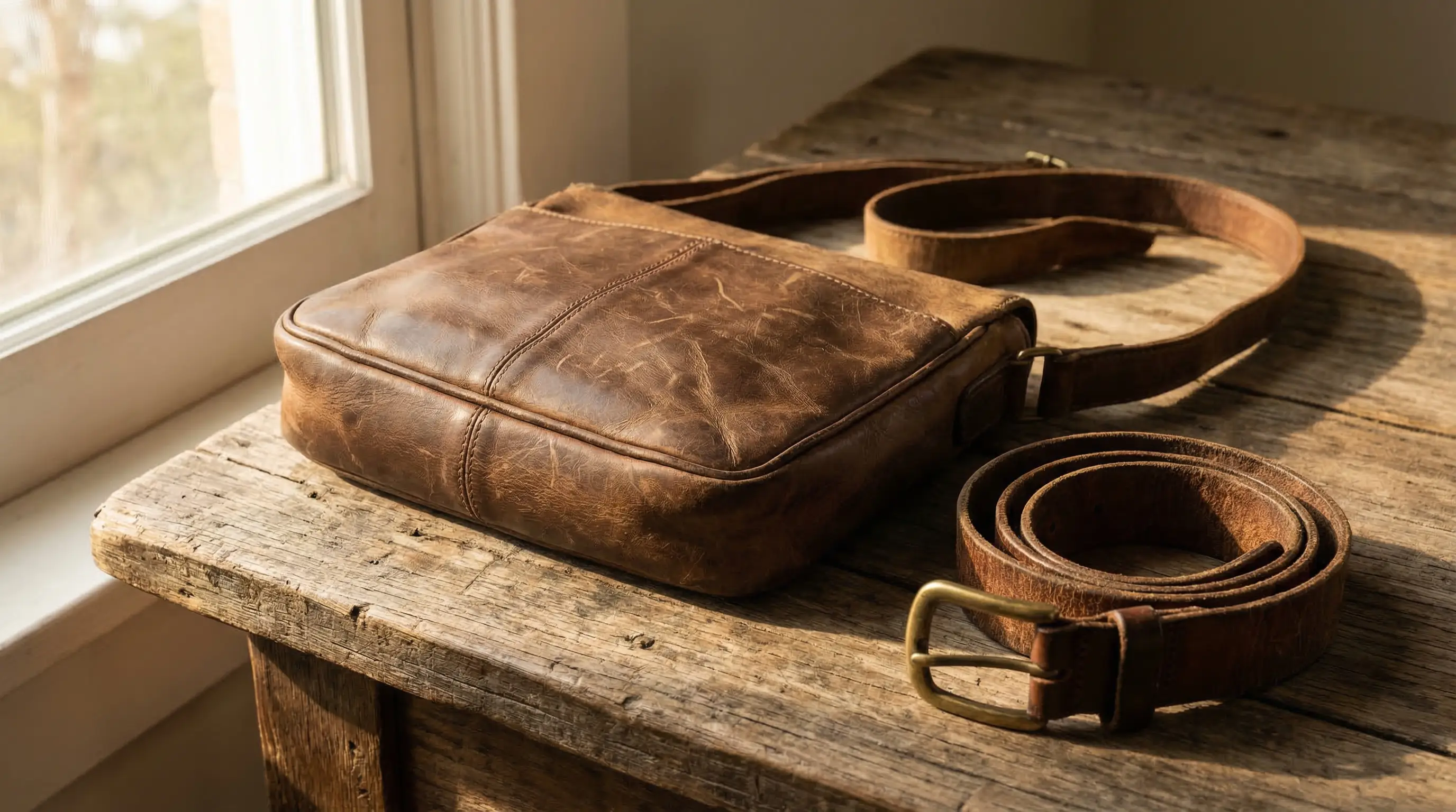 Brown leather shoulder bag with strap on rustic wooden table by window with natural light