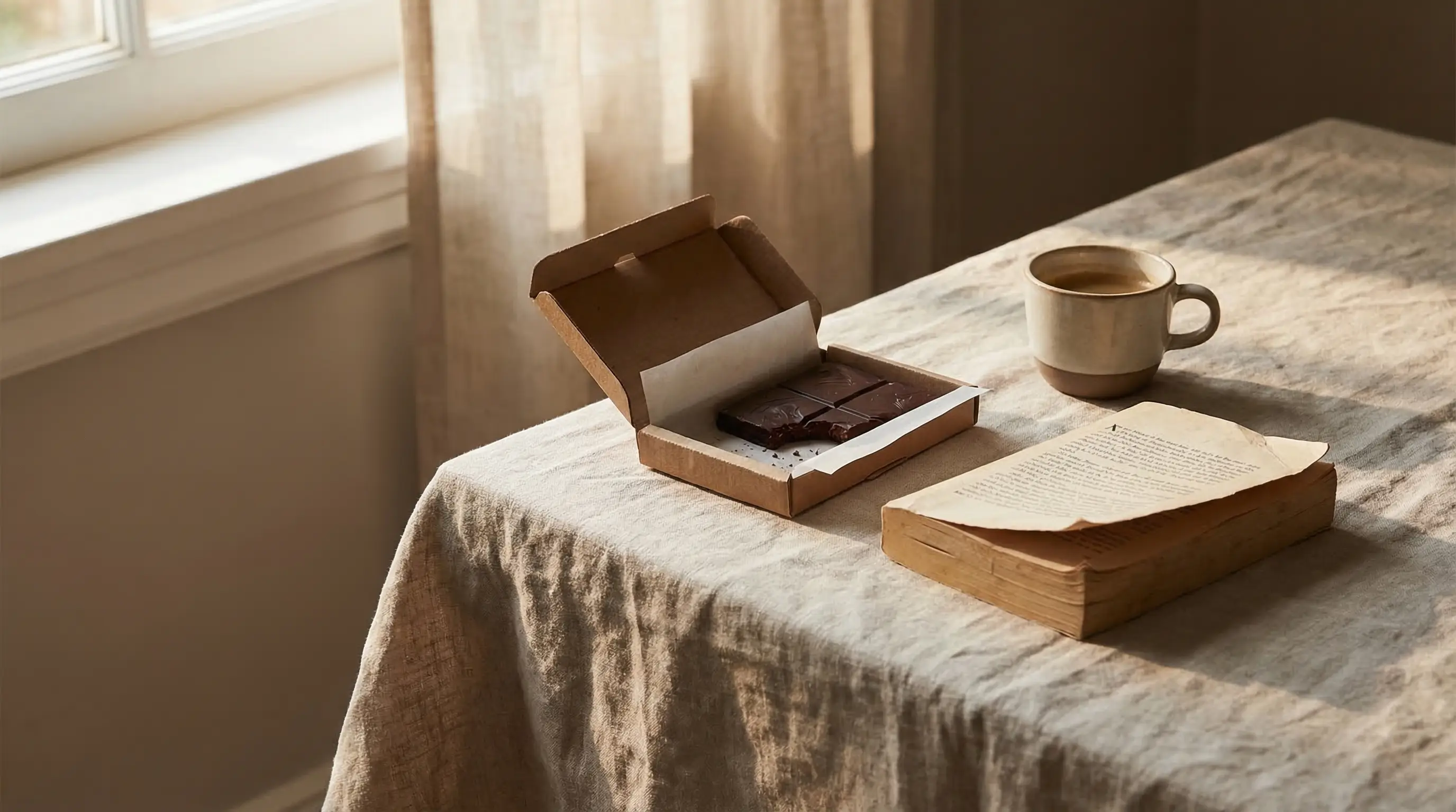 Open chocolate box, coffee cup, and book on linen-covered table in soft natural light