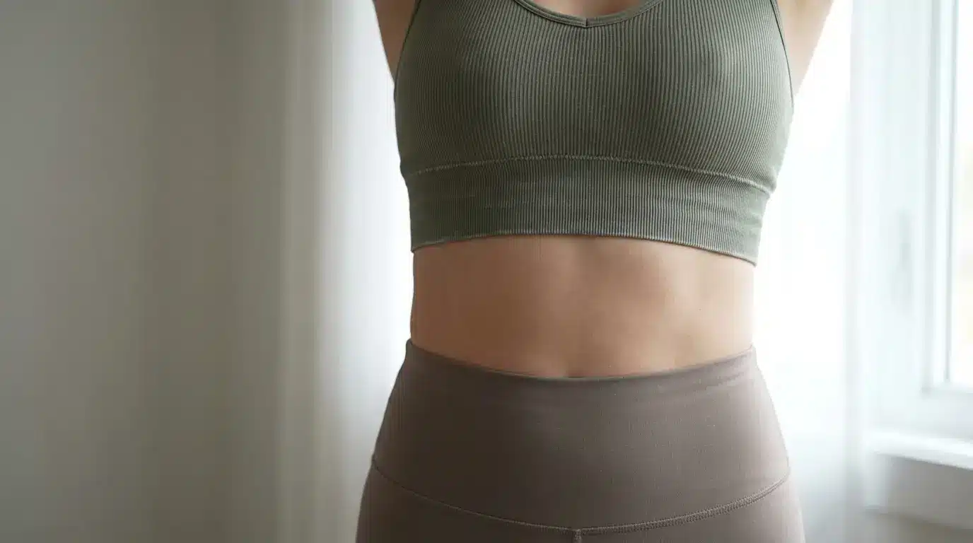 Waist and torso in green sports bra and brown leggings in a softly lit room