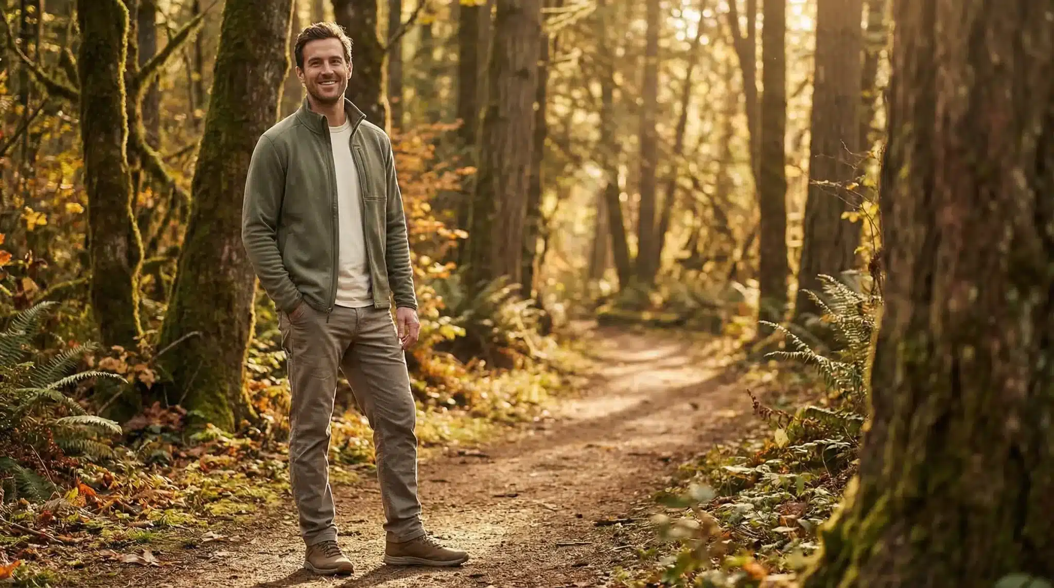 Man standing on forest path surrounded by trees in warm autumn light